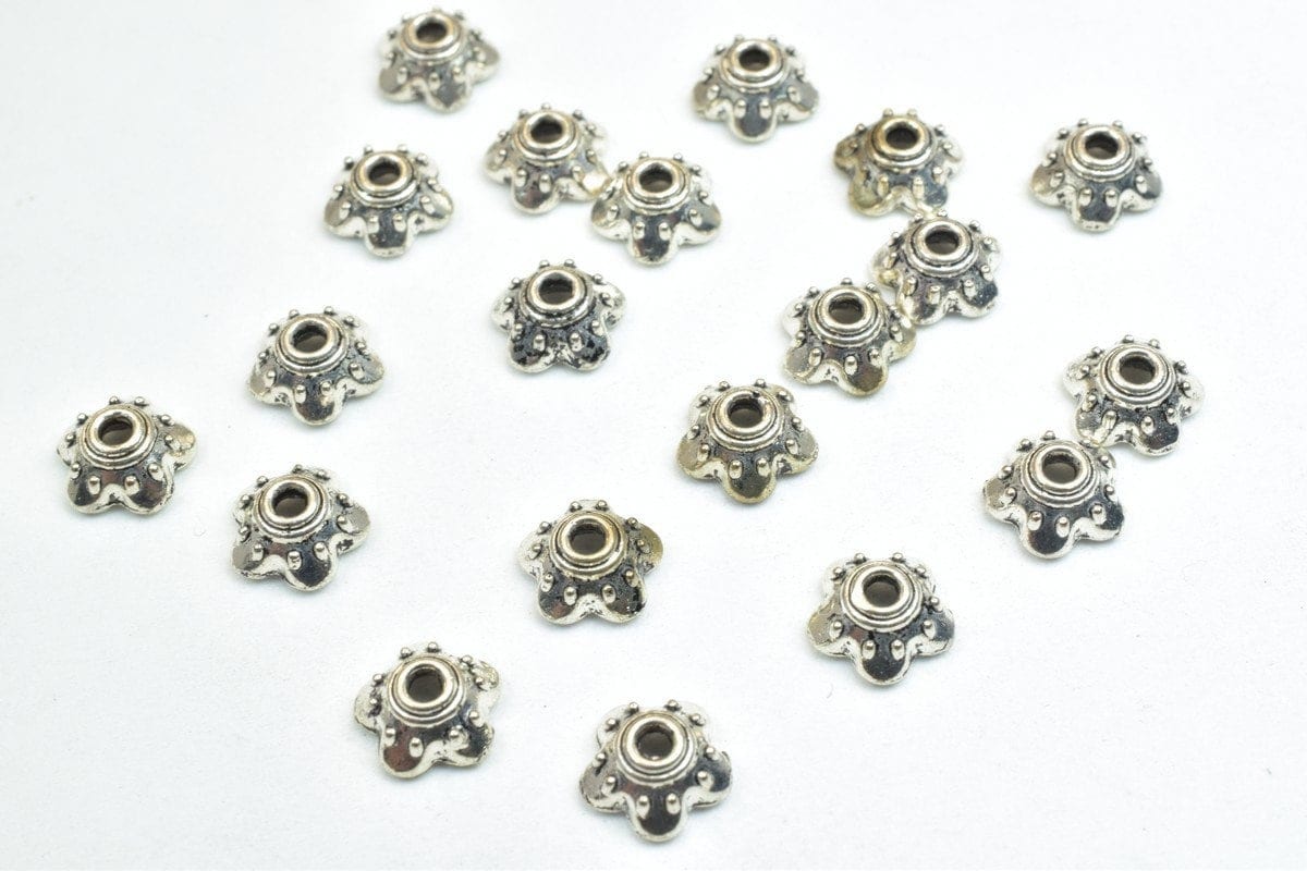 Flower Beads Caps: Antique Silver Finish - 7mm Size, 1mm Hole, Metal Alloy for Jewelry Making