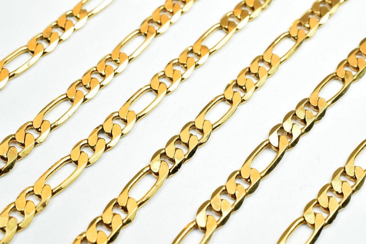 Figaro Chain 1mm Electroplated Gold, Jewelry Supply, Thin Cable Style (6.5-7mm Width, 18K Gold Tone Copper)