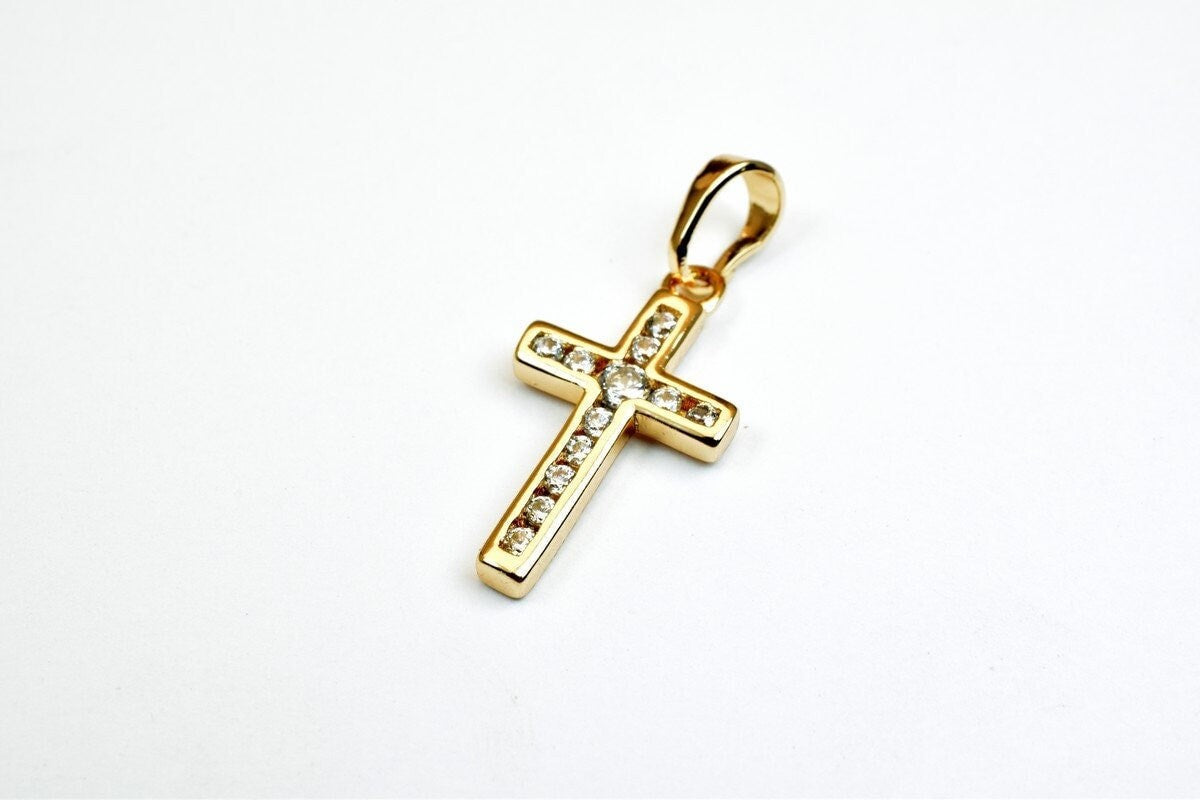 18k as as gold filled* tarnish resistant cross pendant with cubic zircon (cz) rhinestone 3 sizes for jewelry making gp85,...