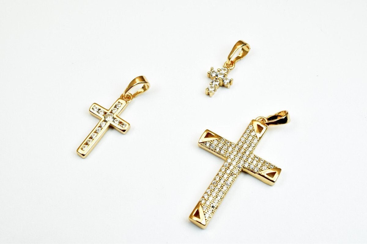 18k as as gold filled* tarnish resistant cross pendant with cubic zircon (cz) rhinestone 3 sizes for jewelry making gp85,...