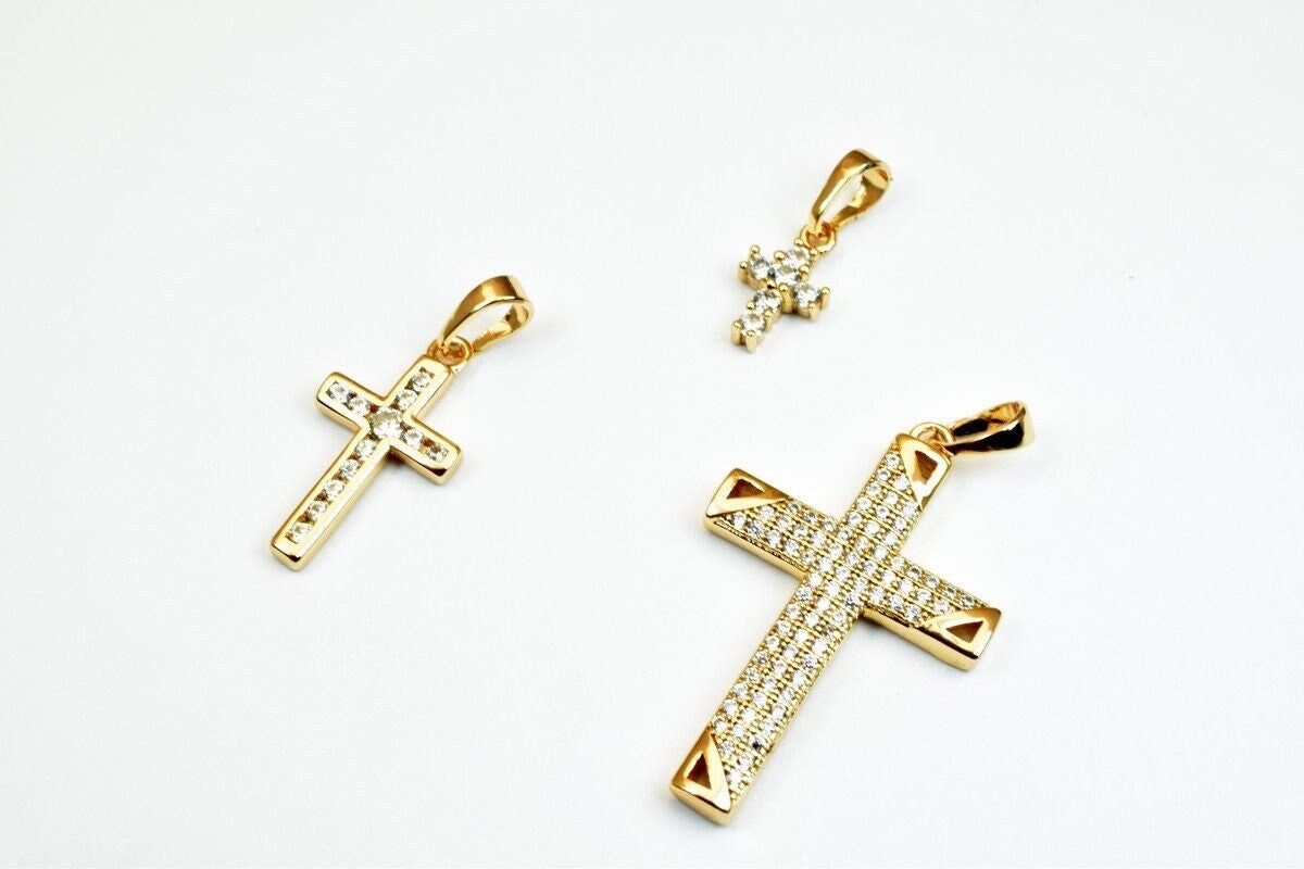 18k as as gold filled* tarnish resistant cross pendant with cubic zircon (cz) rhinestone 3 sizes for jewelry making gp85,...