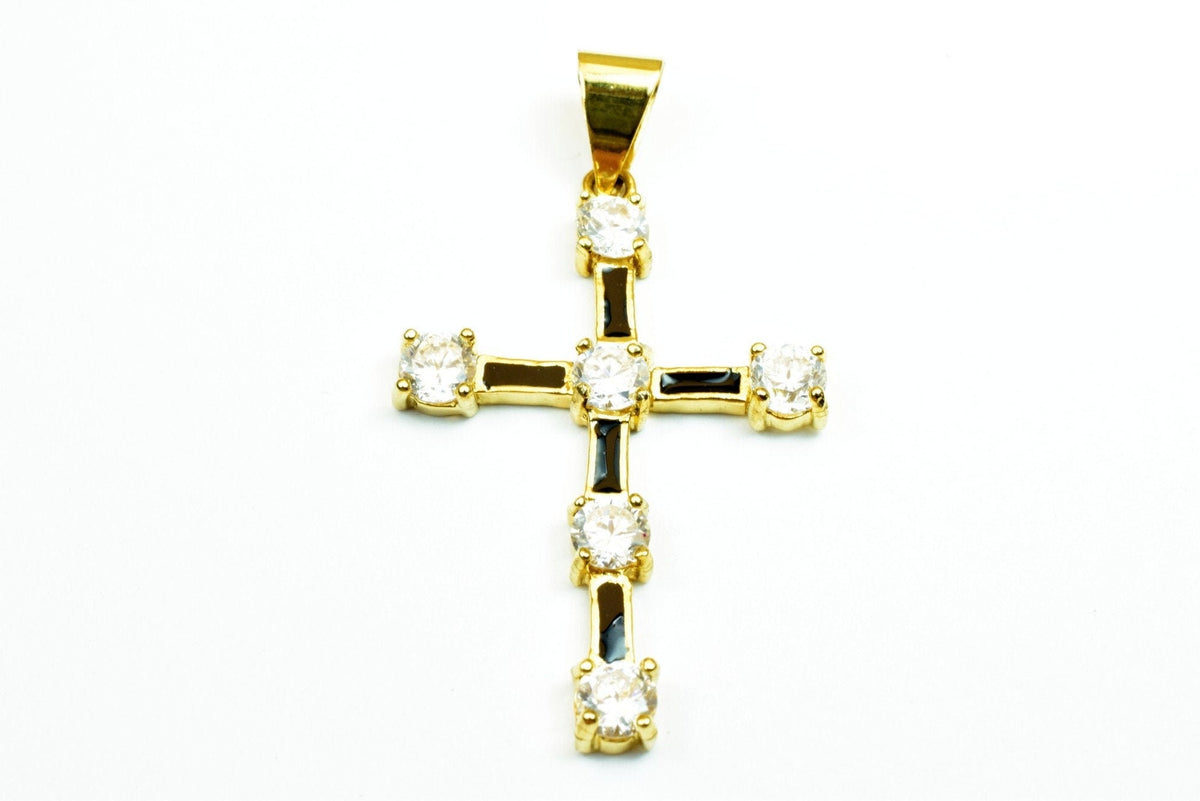 18K as Gold Filled* Black Cross Pendant With Rhinestone CZ Cubic Zirconia Size 42x38mm Christian Religious Charm For Jewel...
