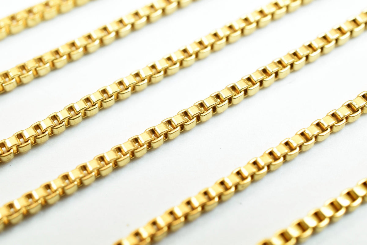 1mm Gold Plated Square Box Chain, Tarnish Resistant Electroplated Finish (18k Gold Plating, Copper, Sold by Foot for Jewelry Making)