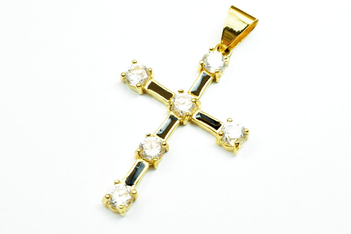 18K as Gold Filled* Black Cross Pendant With Rhinestone CZ Cubic Zirconia Size 42x38mm Christian Religious Charm For Jewel...