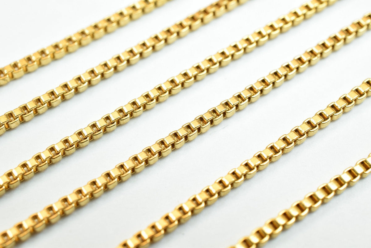 1mm Gold Plated Square Box Chain, Tarnish Resistant Electroplated Finish (18k Gold Plating, Copper, Sold by Foot for Jewelry Making)