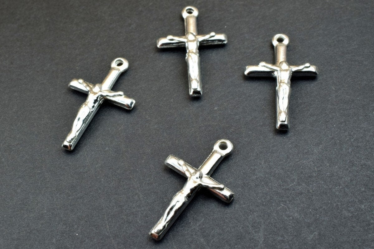 Cross Charm 925 Sterling Silver - Christian Pendant Bead - Large Hole Spacer, Jewelry Connector, 25x15mm