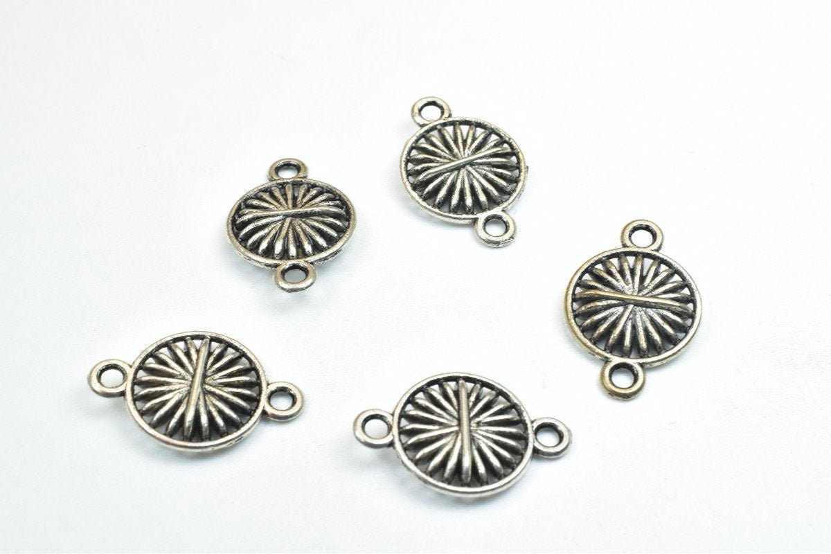 Round Silver Alloy Connector Size 20x13, Decorative Metal Beads (10 Pcs Set, Hole 2mm, Base Metal Alloy for Jewelry)