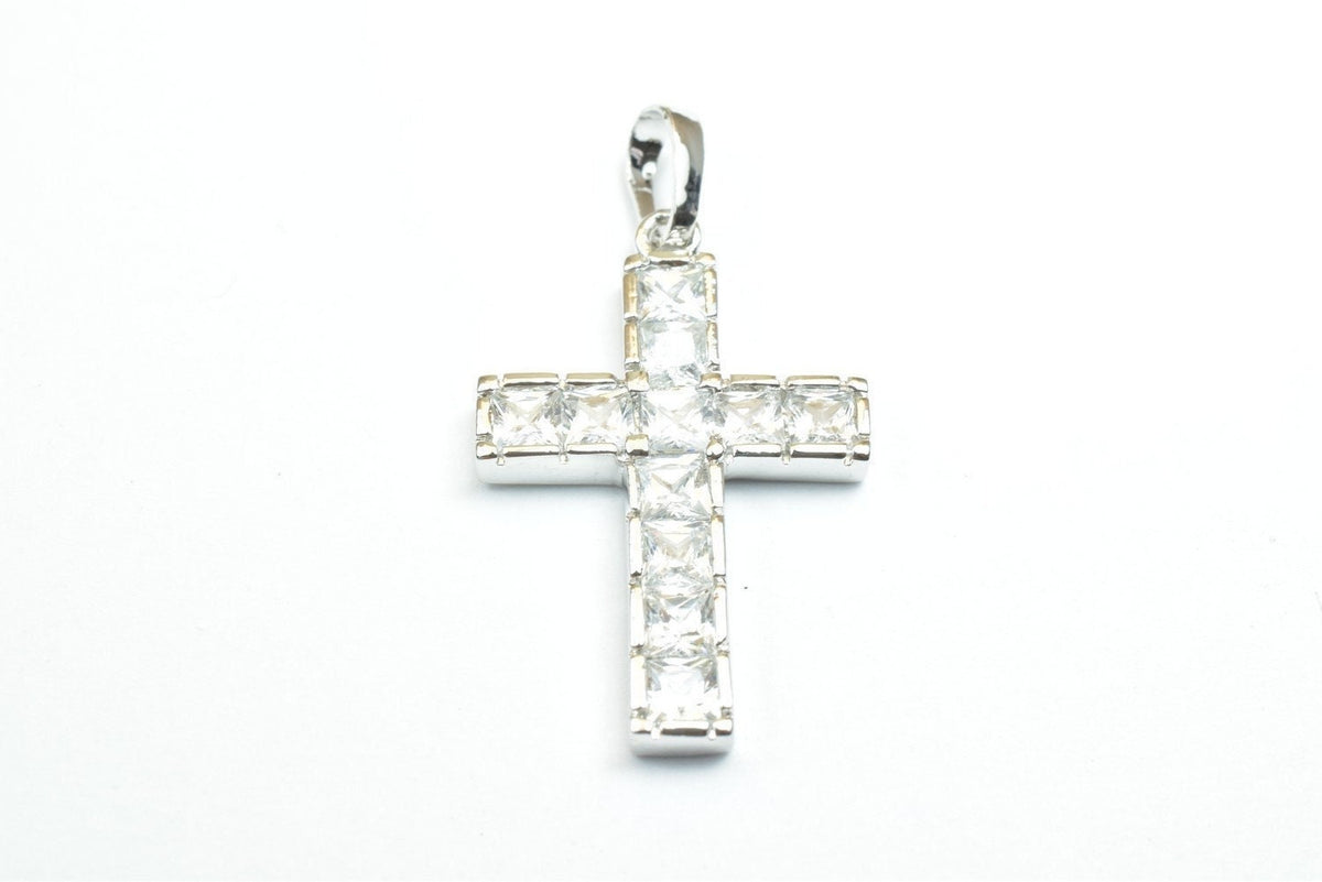 White Gold Filled Cross Pendant: Clear Cubic Zirconia Charm, Rhodium Plated Finish (26x17mm, Tarnish Resistant)