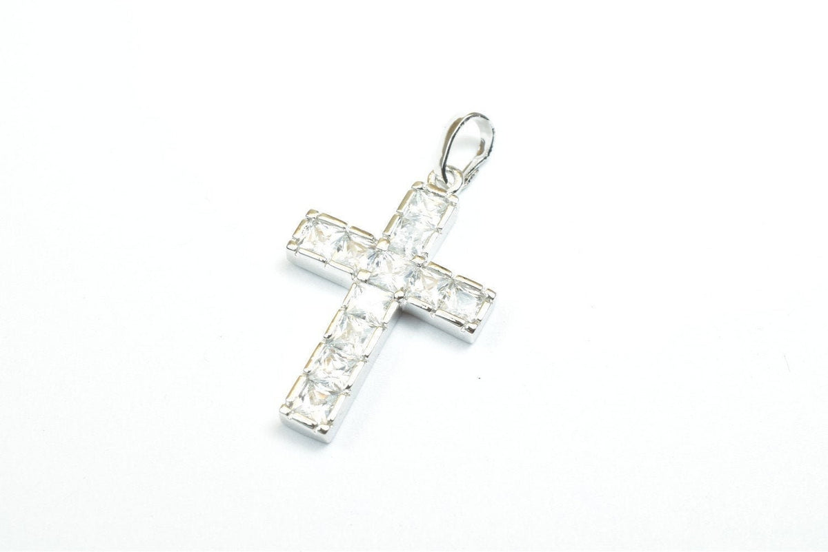 White Gold Filled Cross Pendant: Clear Cubic Zirconia Charm, Rhodium Plated Finish (26x17mm, Tarnish Resistant)