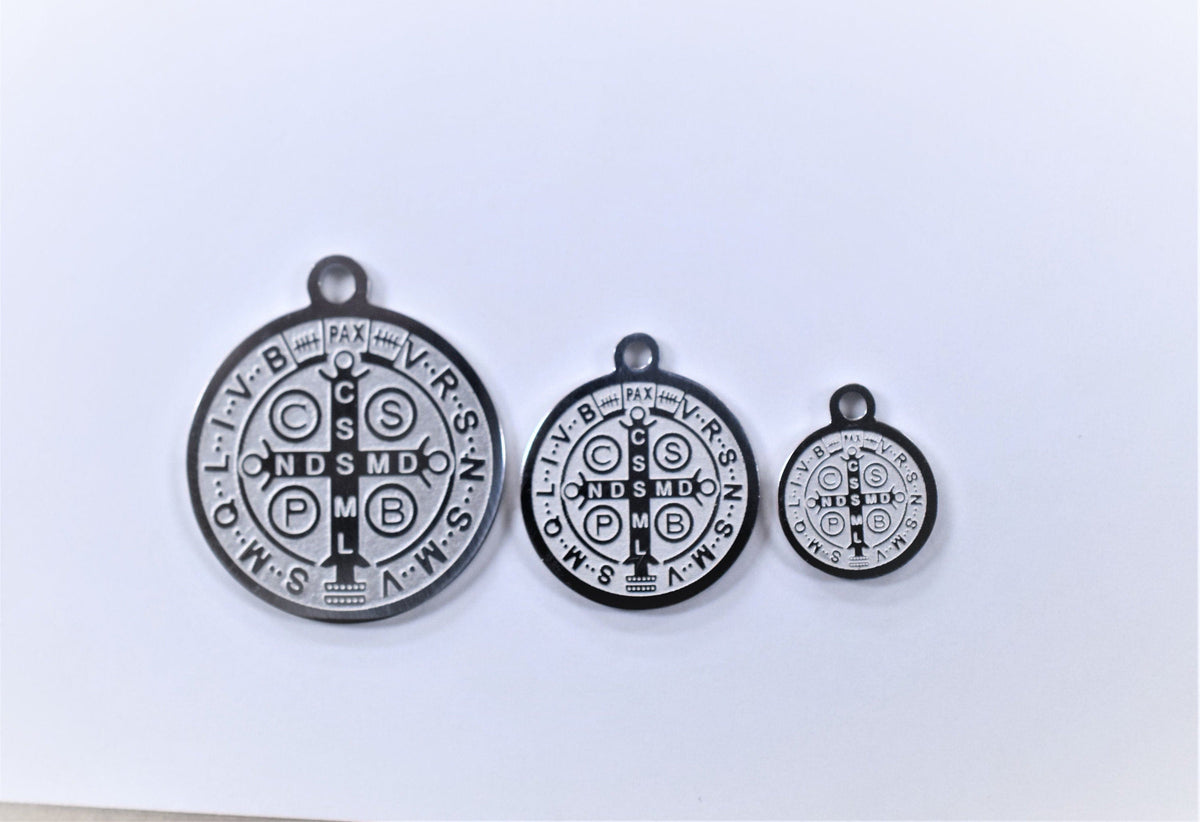 Saint Benito Charm Stainless Steel Pendant, Polished Finish (10mm-20mm Sizes, Christian Baptism Jewelry, Gift for Her Faith)