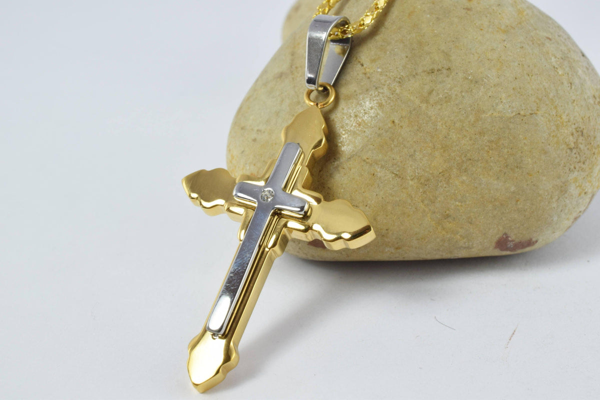 18K Gold Filled Cross Pendant: Mixed Metal Religious Jewelry, Clear CZ Accent (52x32mm, Stainless Steel, Bail 12x4mm)