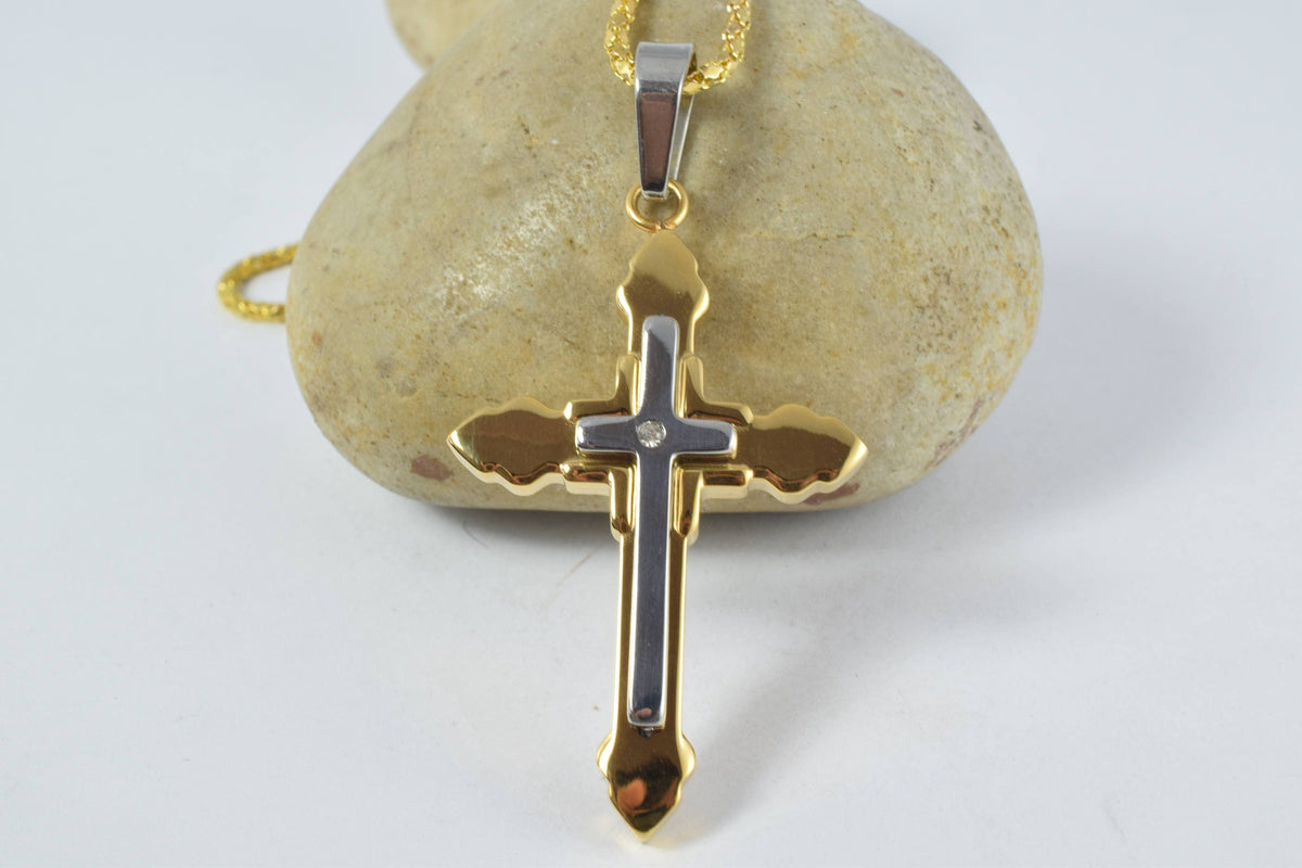 18K Gold Filled Cross Pendant: Mixed Metal Religious Jewelry, Clear CZ Accent (52x32mm, Stainless Steel, Bail 12x4mm)