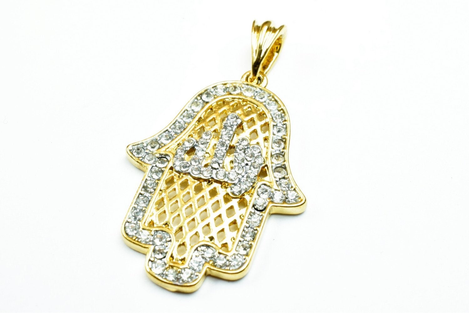 18K Hamsa Allah اللهas Gold Filled* Pendant Size 38x27mm Pendant With Rhinestone CZ Cubic Zirconia Pendant For Jewelry Pen...
