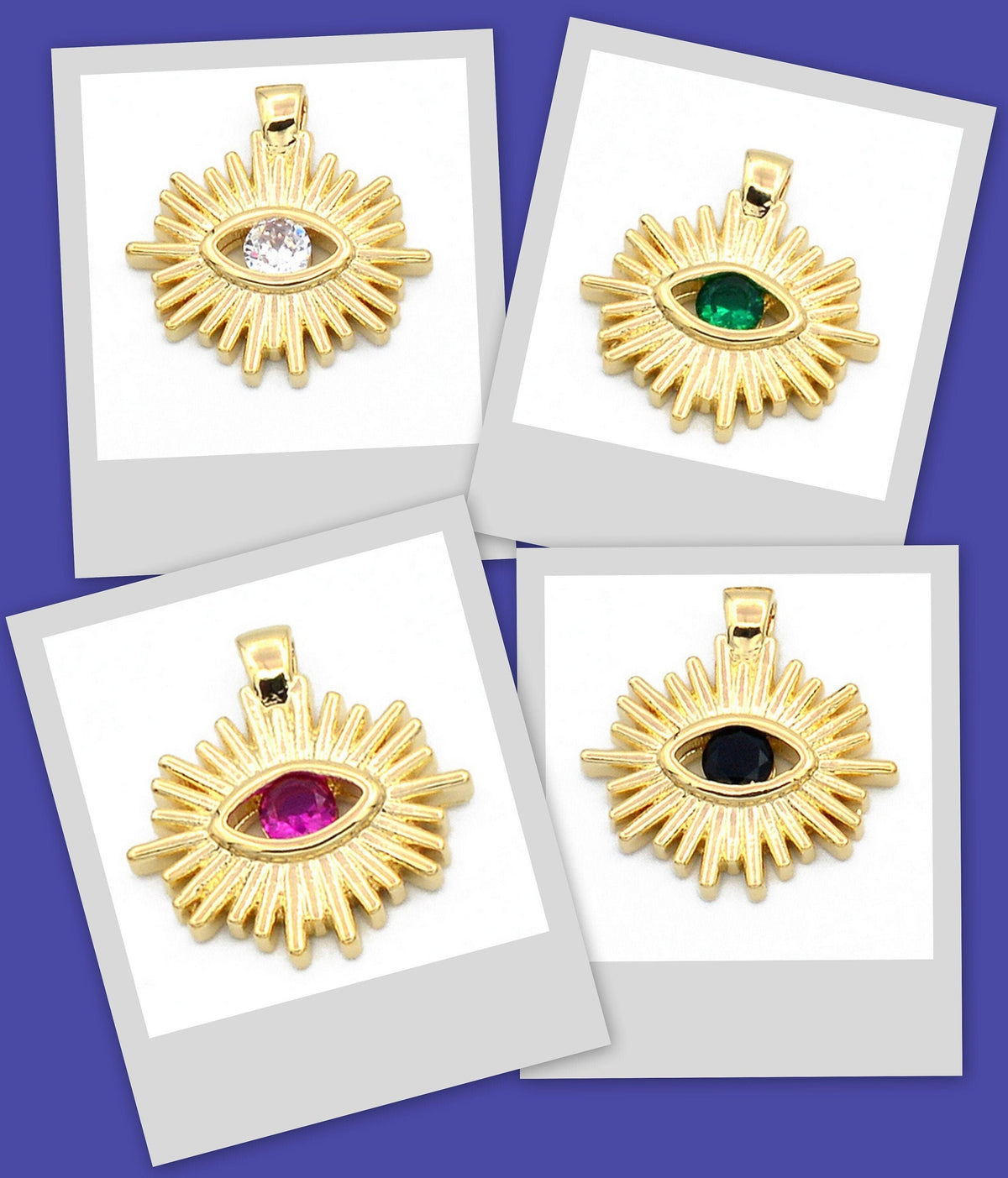 Evil Eye Sun Pendant 14K Gold Filled Look, Multicolor CZ Stones (16mm, Tarnish Resistant, Copper Base Metal Charm)