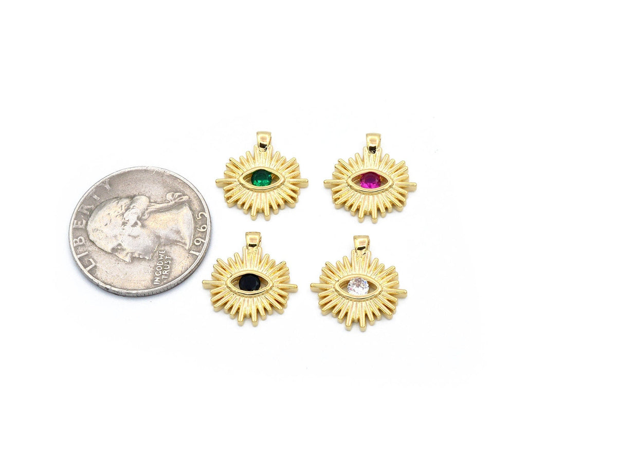 Evil Eye Sun Pendant 14K Gold Filled Look, Multicolor CZ Stones (16mm, Tarnish Resistant, Copper Base Metal Charm)