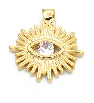 Evil Eye Sun Pendant 14K Gold Filled Look, Multicolor CZ Stones (16mm, Tarnish Resistant, Copper Base Metal Charm)