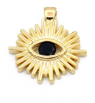 Evil Eye Sun Pendant 14K Gold Filled Look, Multicolor CZ Stones (16mm, Tarnish Resistant, Copper Base Metal Charm)