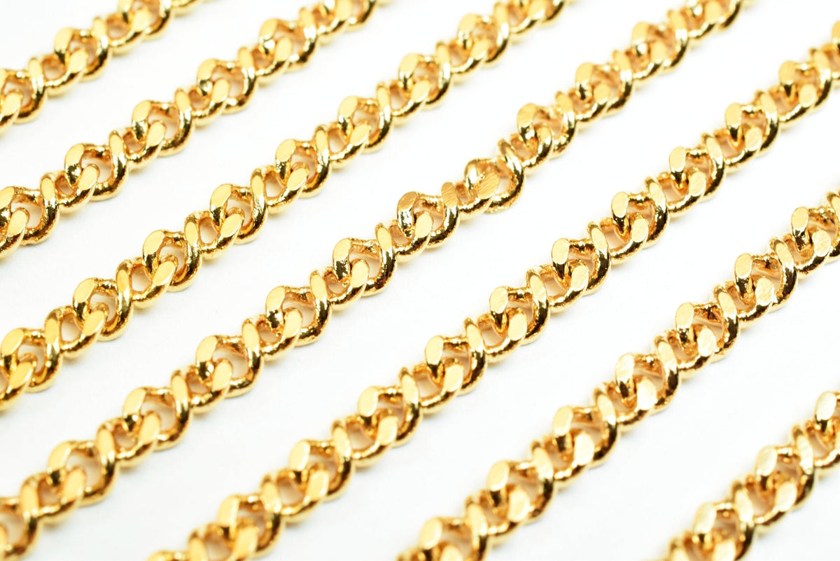 3mm Gold Plated Curb Chain: Electroplated Jewelry Making Supply, Tarnish Resistant Finish (18K Gold Filled Copper, Sold by Foot)