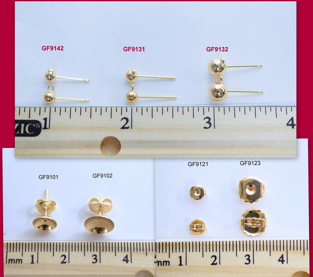 Gold Filled Look, EP Ball Stud/Cup Earring/Earnut different sizes jewelry making supplies