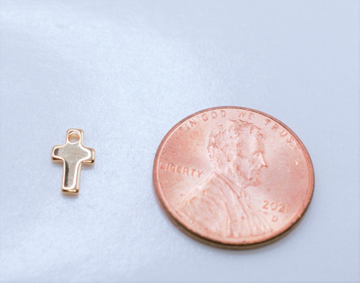 Dainty Cross Charm Pendant: 18K Gold Filled Look, Classic Faith Symbol - Cold Filled Metal, Micro Pave Beads, Size 14x5mm Bail