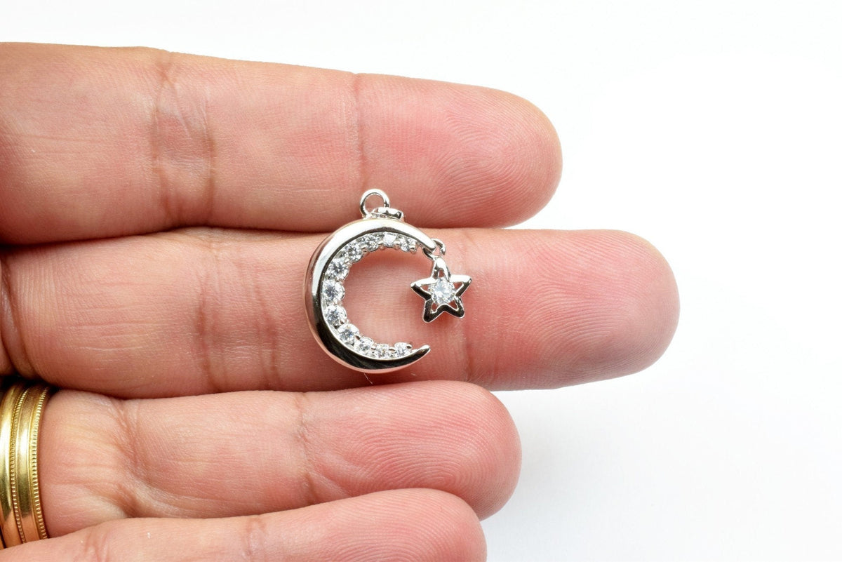 18K White Gold Filled Star Moon Pendant Charm With Cubic Zircon (CZ) Rhinestone Size 20x15mm Bling Bling Bohemian Finding...