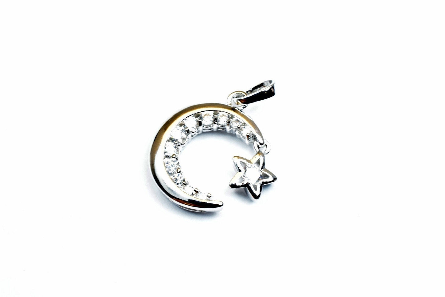18K White Gold Filled Star Moon Pendant Charm With Cubic Zircon (CZ) Rhinestone Size 20x15mm Bling Bling Bohemian Finding...