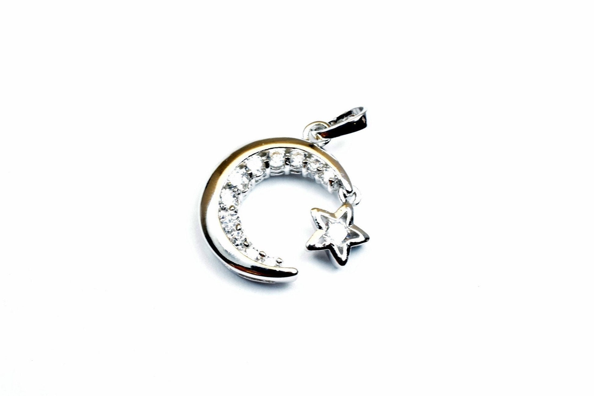18K White Gold Filled Star Moon Pendant Charm With Cubic Zircon (CZ) Rhinestone Size 20x15mm Bling Bling Bohemian Finding...