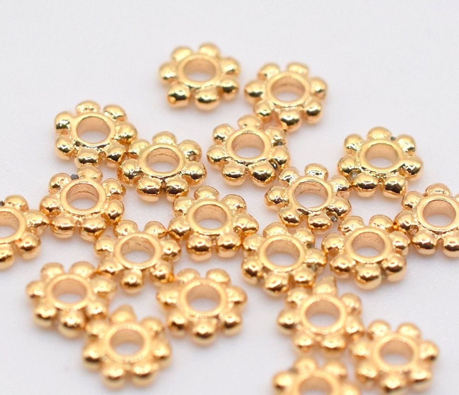 Daisy Flower Gold Filled Look Electroplated Copper Beads, Roundel Spacers (5-10mm Sizes, Tarnish Resistant, Jewelry Crafting)