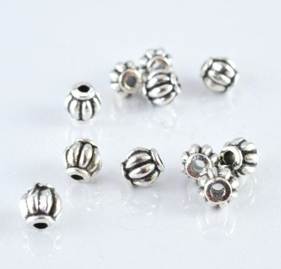 4mm Antique Silver Ridge Round Ball Beads: Textured Vintage Style, 50pcs Pack | Metal, Small Hole, 14g