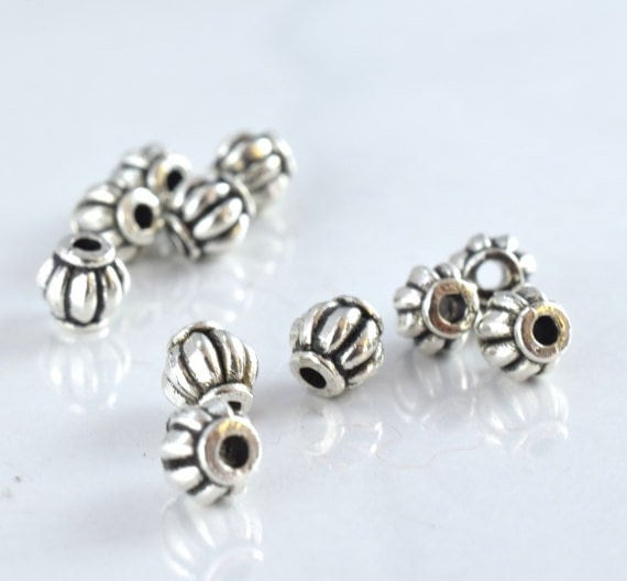 4mm Antique Silver Ridge Round Ball Beads: Textured Vintage Style, 50pcs Pack | Metal, Small Hole, 14g