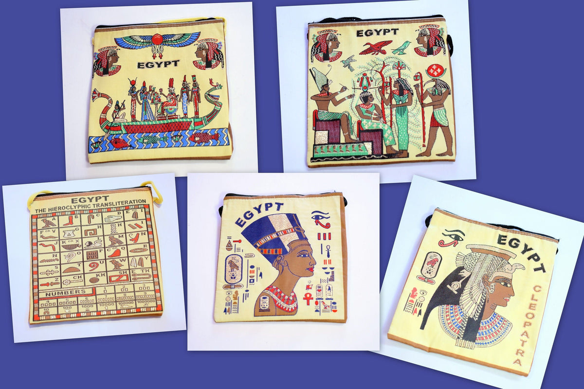 Egyptian Fabric Bags Bohemian Tote, Pharaoh & Sphinx Symbols (7x8 Inches, Lightweight, Double Face Art, Hand Woven Fabric)