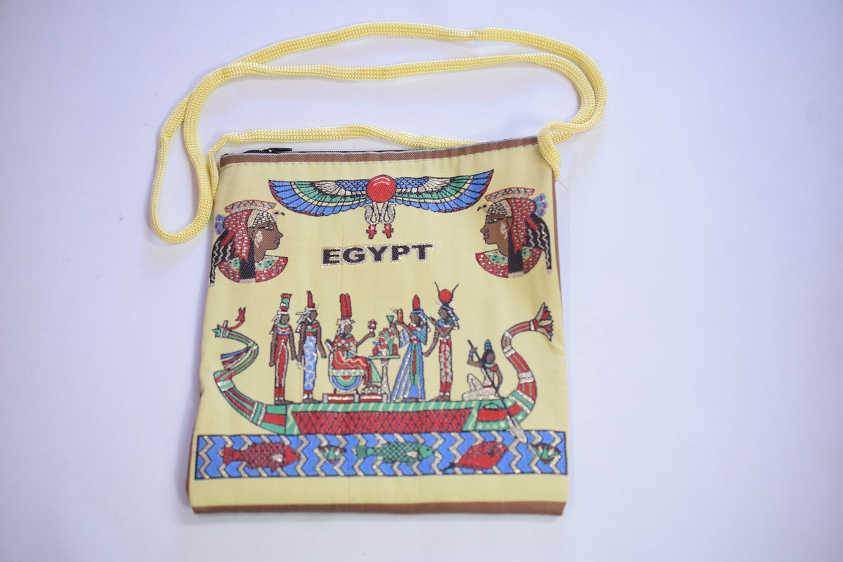 Egyptian Fabric Bags Bohemian Tote, Pharaoh & Sphinx Symbols (7x8 Inches, Lightweight, Double Face Art, Hand Woven Fabric)