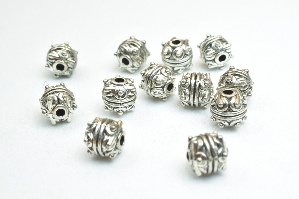 Antique Silver Beads Set: Mixed Green Gold and Silver Tones, Vintage Style (7mm Diameter, 1mm Hole, Base Metal Alloy)
