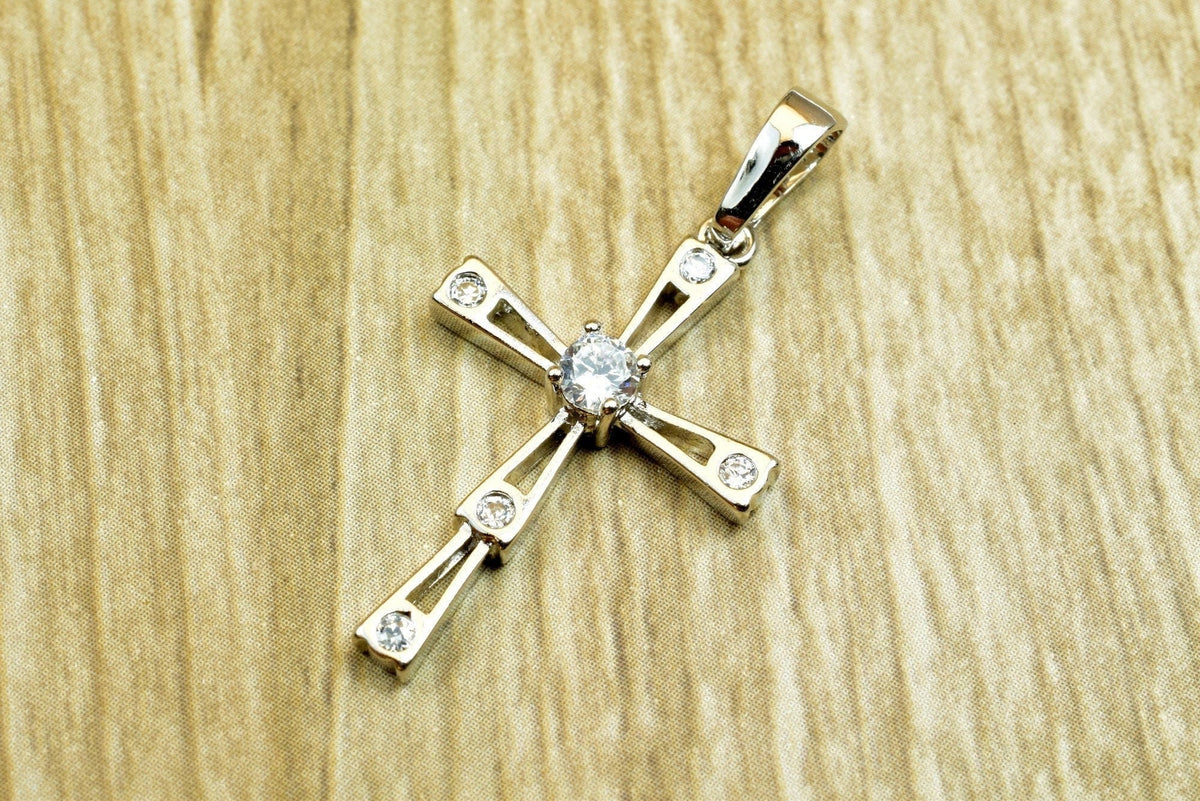White Gold Filled Cross Pendant Clear Cz: Classic Symbolic Charm, Tarnish Resistant Finish (30x19mm, Rhodium Plated, Unisex)