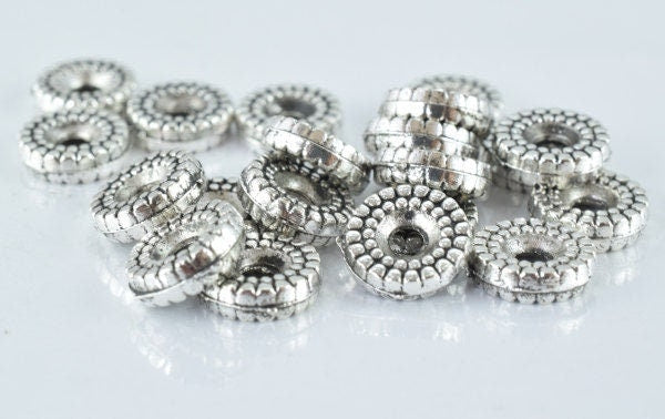 Antique Silver Beads Detailed Ribbed Alloy Metal: Vintage Tone Jewelry Components (20pcs, 3mm Thickness, 2mm Hole)