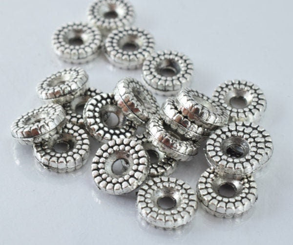 Antique Silver Beads Detailed Ribbed Alloy Metal: Vintage Tone Jewelry Components (20pcs, 3mm Thickness, 2mm Hole)