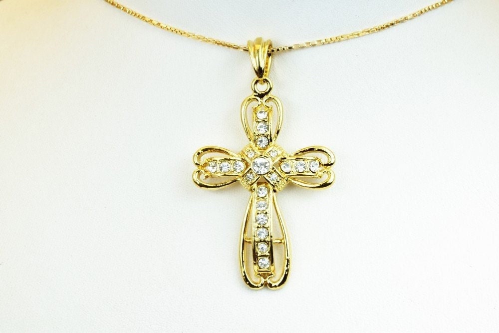 18k as as gold filled* tarnish resistant cross pendant with cubic zircon (cz) rhinestone size 51x34.5mm for jewelry making...