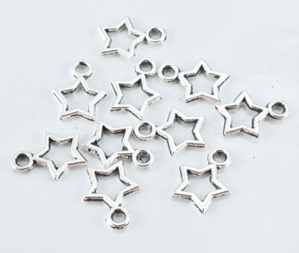 10m Antique Silver Hollow Star Pendant Charm, Closed loop size: 1mm, Sold by 1 pack of 40pcs, 2mm charm thickness jewelry...