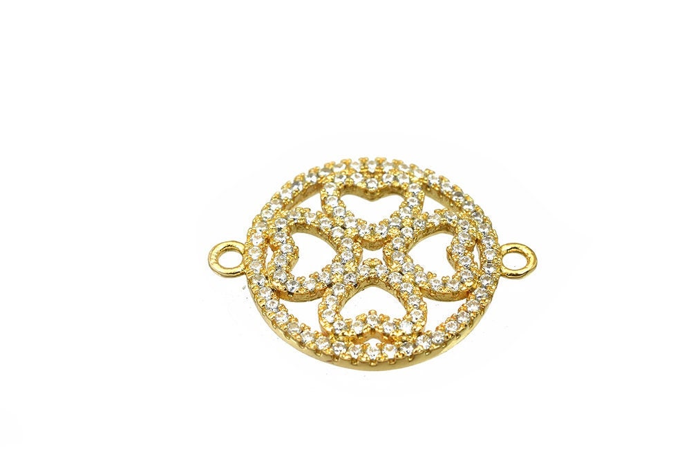 Flower Heart Rhinestone Connector 18K as Gold Filled* Size 25x24mm Micro Pave Beads Charm with Clear CZ Cubic Zirconia GFM...