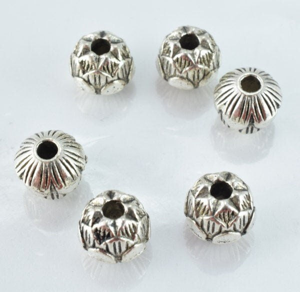 11m Budding Floral Antique Silver Alloy Spacer Finding Beads w/Black Accent Coloring Detailed Design 6pcs/PK, 2mm hole 4mm...