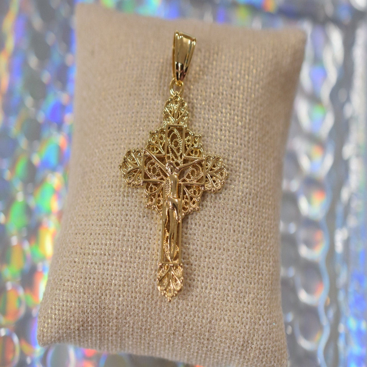 18Kt as Gold Filled* Religious Cross Filigree Pendant With Jesus For Rosary Baby Christening Baptism Gift  Jewelry Making...
