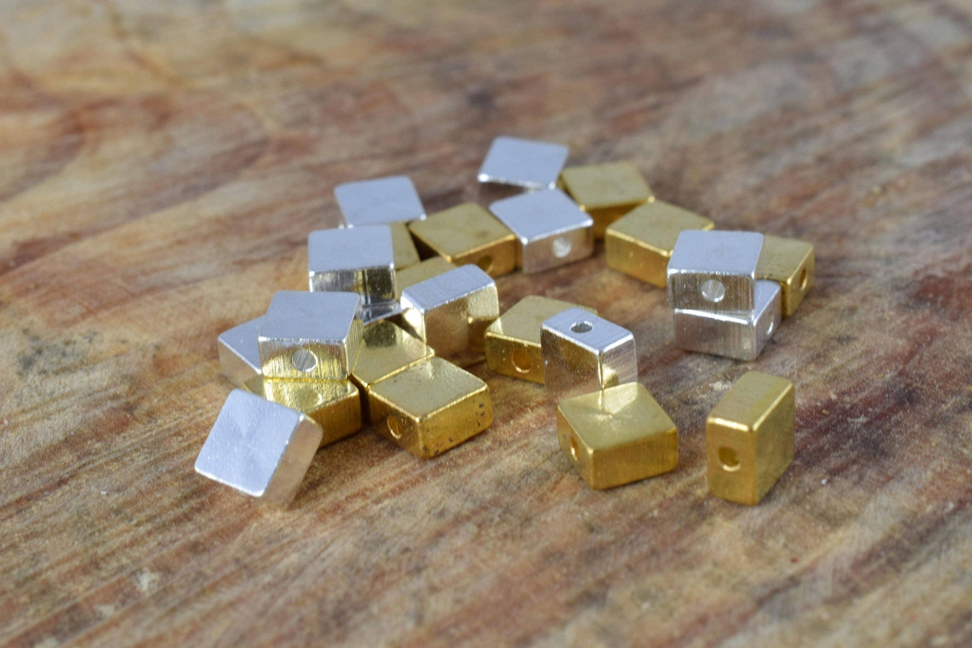6mm Square Gold/Silver Minimal Beads, 12PCs, 1mm Hole Smooth Beads for Jewelry Making,square cube beads ,Gold Square Metal...