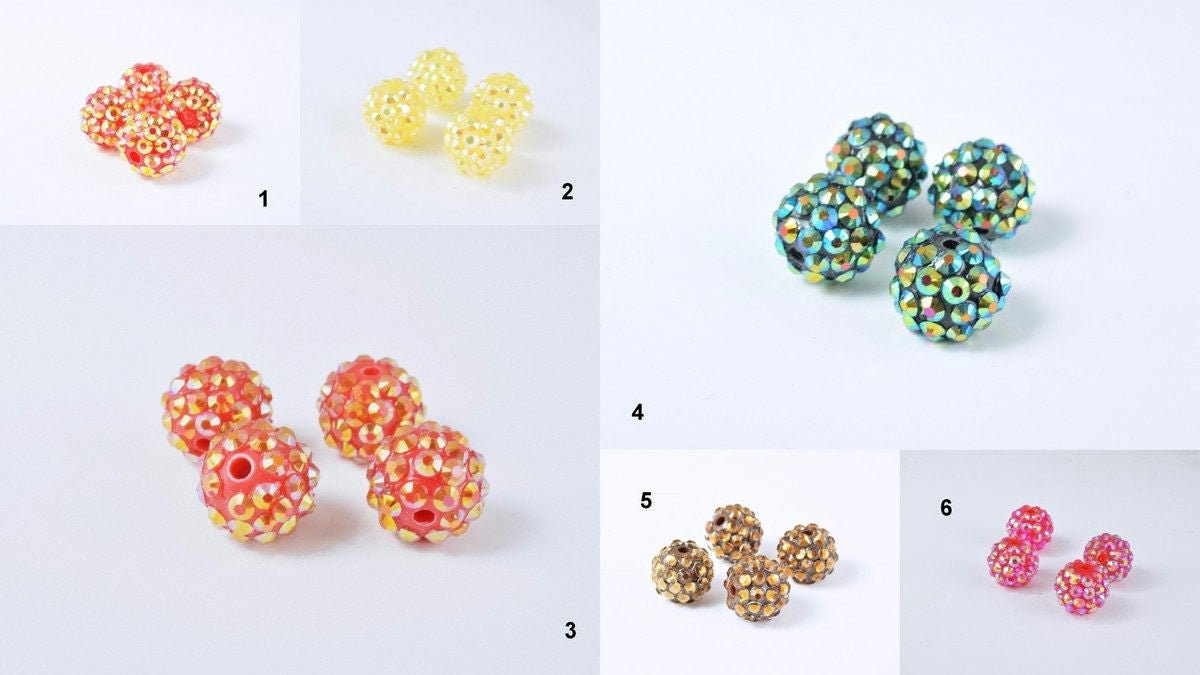 14mm Rhinestone Resin Beads, Shamballa, Round Ball Beads, for Macrame Bracelet, Basketball wives Earring 6 Colors set of 1...