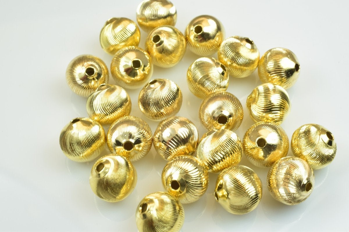 100 PCs Gold Plated Carved Round Beads 10mm Diamond Cut jewelry making supplies - detail image 2