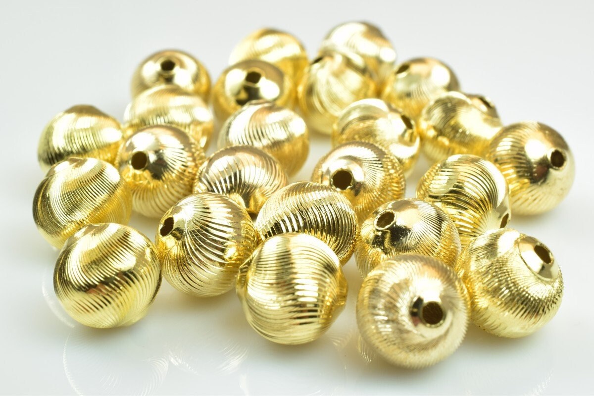 100 PCs Gold Plated Carved Round Beads 10mm Diamond Cut jewelry making supplies - detail image 4