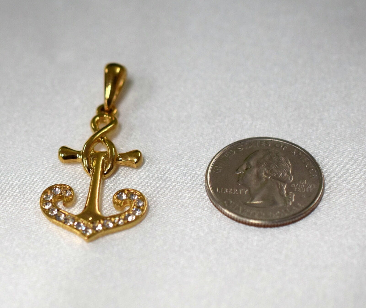 18K Gold Filled Look Anchor Pendant Charm: Clear Zirconia, Copper Base, Jewelry Making (46x22mm)