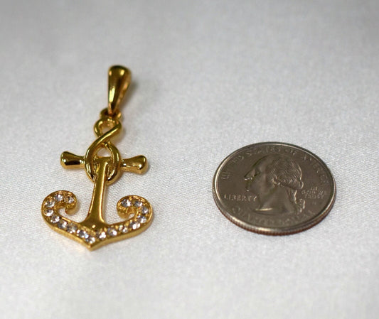 18K Gold Filled Look Anchor Pendant Charm: Clear Zirconia, Copper Base, Jewelry Making (46x22mm)