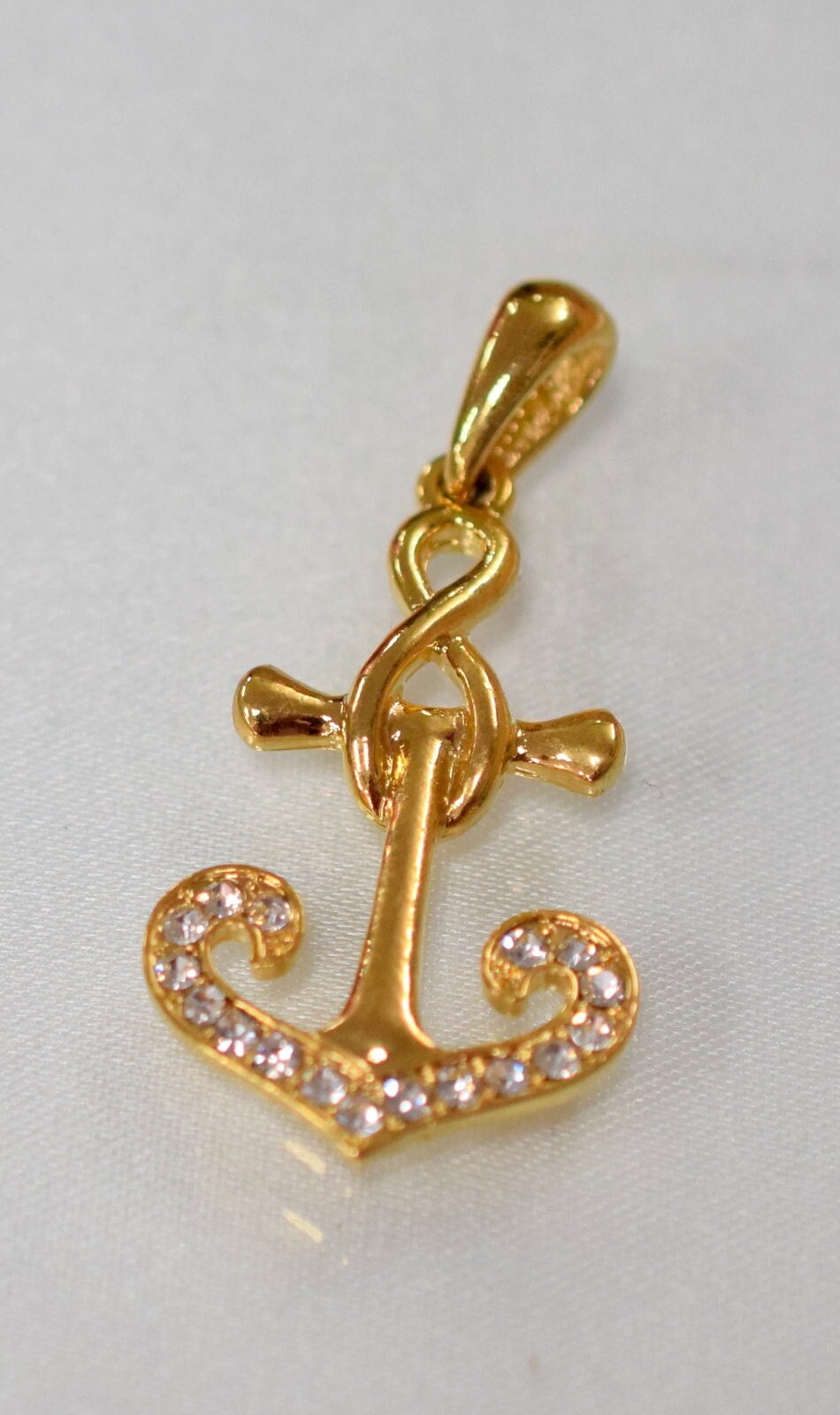 18K Gold Filled Look Anchor Pendant Charm: Clear Zirconia, Copper Base, Jewelry Making (46x22mm)