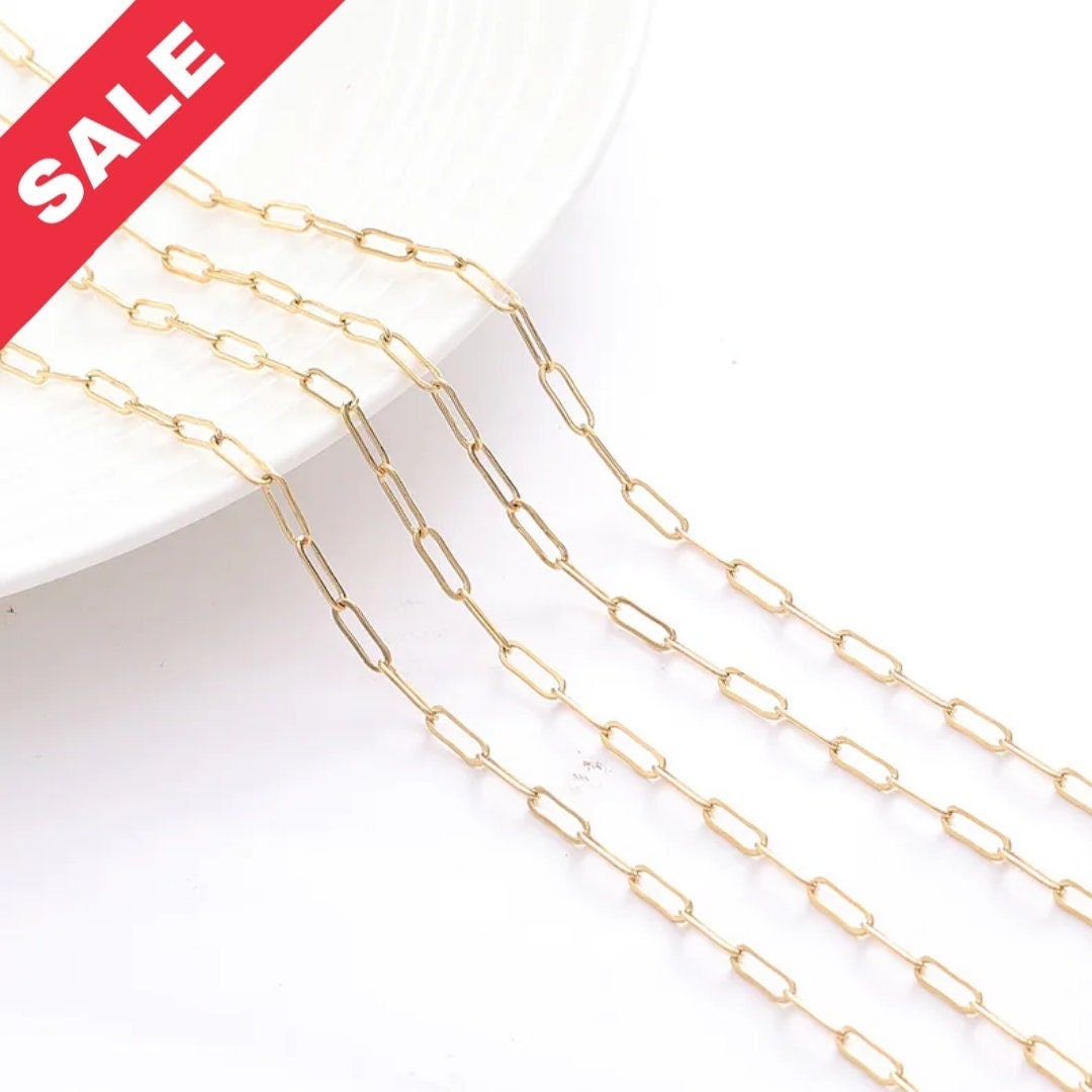 Paper Clip Chain Cable Link: Electroplated Gold Finish, 2mm & 3mm Sizes | 18K Gold Copper, Skin-Friendly, Jewelry Crafting