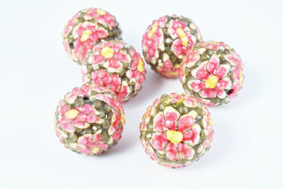 22mm Hot Pink Floral Print Resin Wooden Round Beads, Wooden beads, Wholesale Bead, Basketball Wives Bead,Rhinestone Beads,...